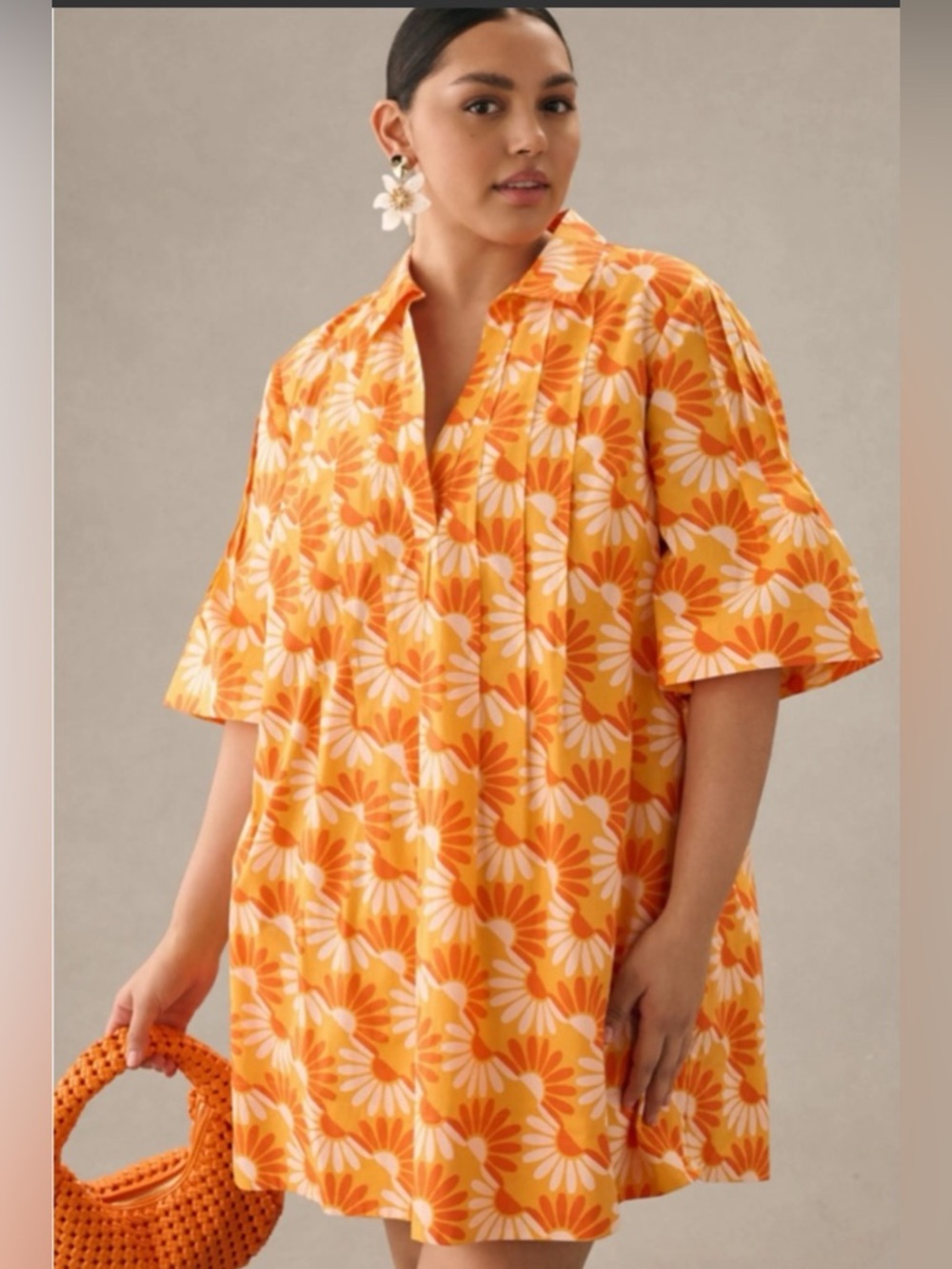 ANTHROPOLIE v-neck tunic dress orange white daisies pleated lined pockets SZ 2X